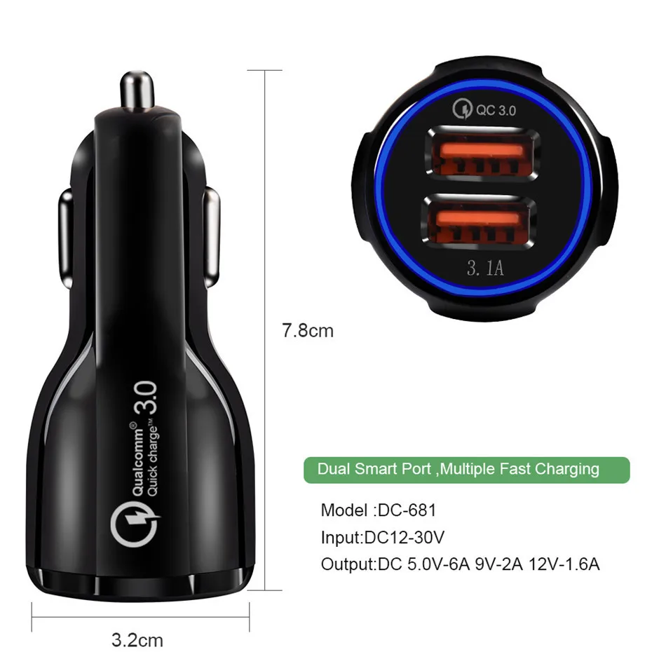 Dual USB Car Charger LED PD QC 3.0 30W Fast Charging Mobile Phone Charge For iPhone 12 11 Pro Max X Samsung Xiaomi Huawei