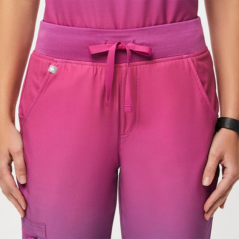 Gradient color Nursing Uniform Scrubs 4 Way Stretch Spandex Stacked Pants Nurses Scrubs Suit Jogger Women Scrub Sets Uniform