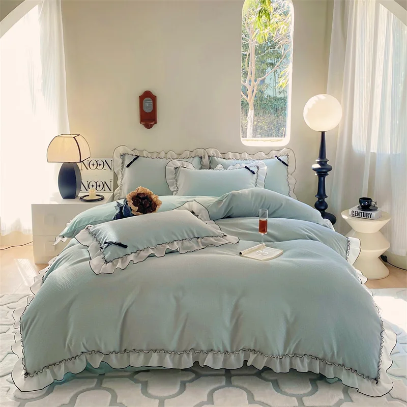 Sunny Home Textile Rose Print + Careful Machine+ Princess Style Bed Skirt + Bedspread Four-piece  Bedding Duvet Set Sheet Set