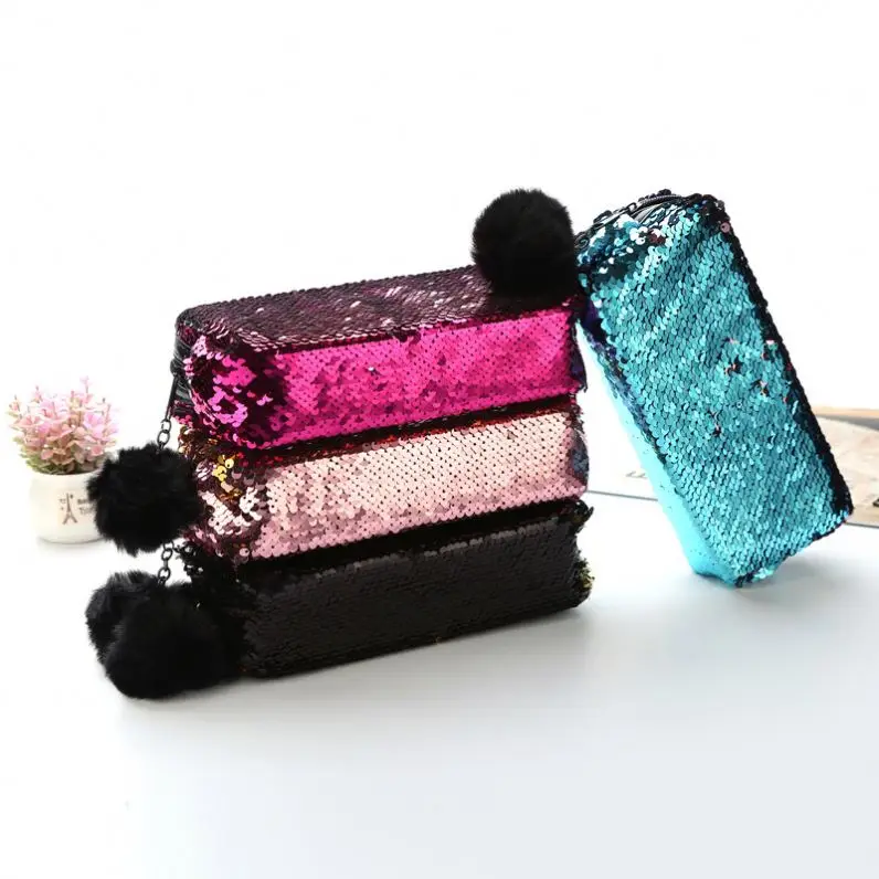 New style fur ball two color paillette pencil bag stationery student make up bag lady Mermaid paillette storage bag (1600191620491)