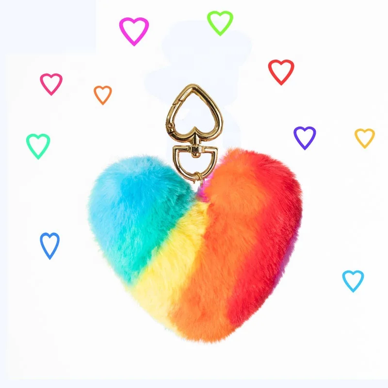 Оптовая продажа, цветной персонализируемый плюшевый материал, в форме сердца, персикового сердца, проверенный брелок с меховым шариком