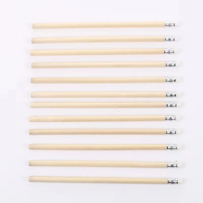 Custom Logo Nature wood color HB Pencil Round Shape With White Eraser
