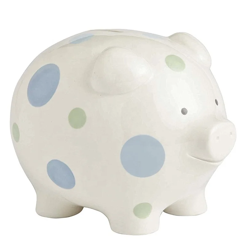 Blue color Big Polka Dot Piggy Bank 7 inches Ceramic