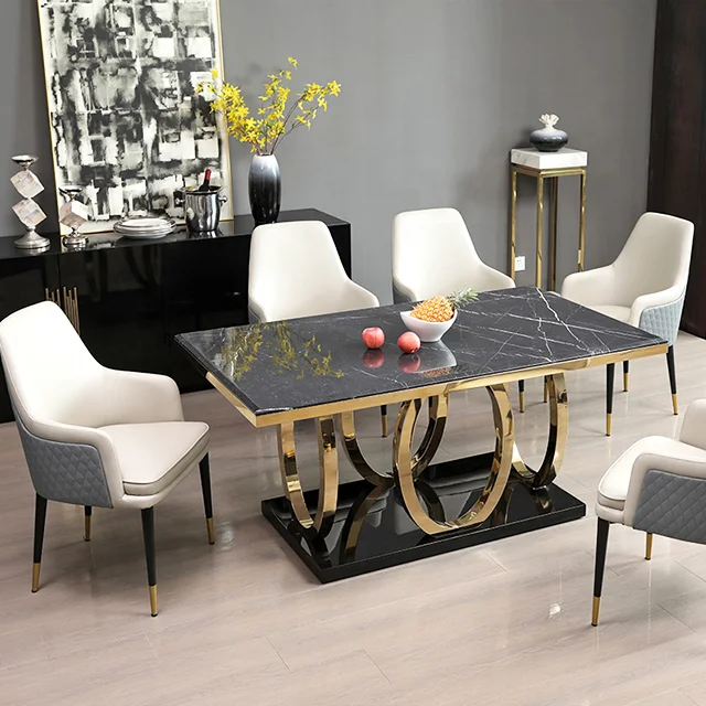 Fashion Modern Stainless Steel Dining Table With Marble Top Hot Selling Customized Dining Room Furniture