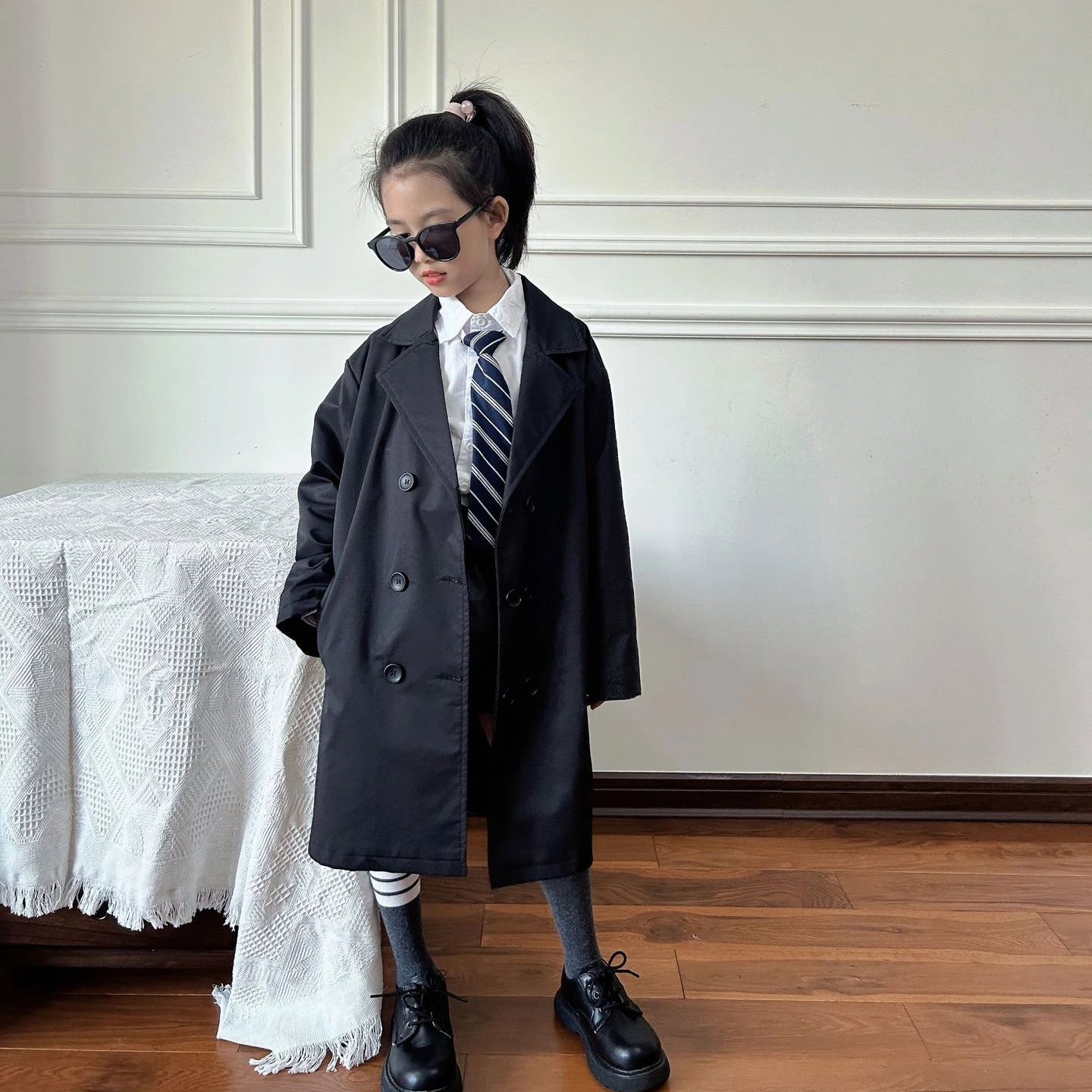 2023 New Fashion Children Girl Black Double Breasted Long Jacket Wind-Breaker 4-9 Years