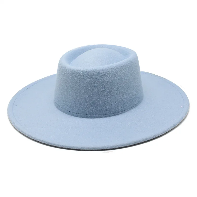 Low moq wholesale women men wide brim felt custom logo flat top fedora hats