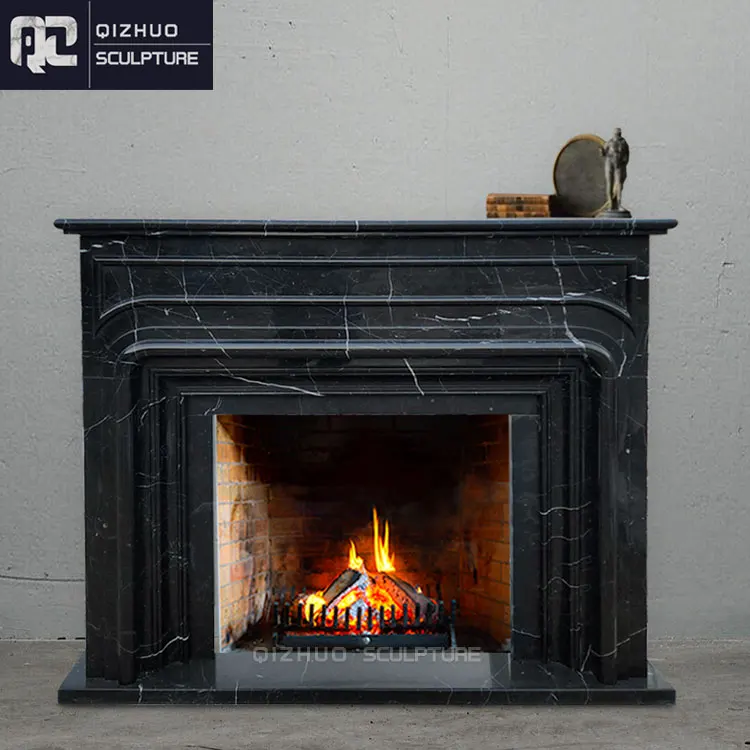 Simple Design Modern Hand Carved Natural Stone Marquina Black Marble Fireplace Surround