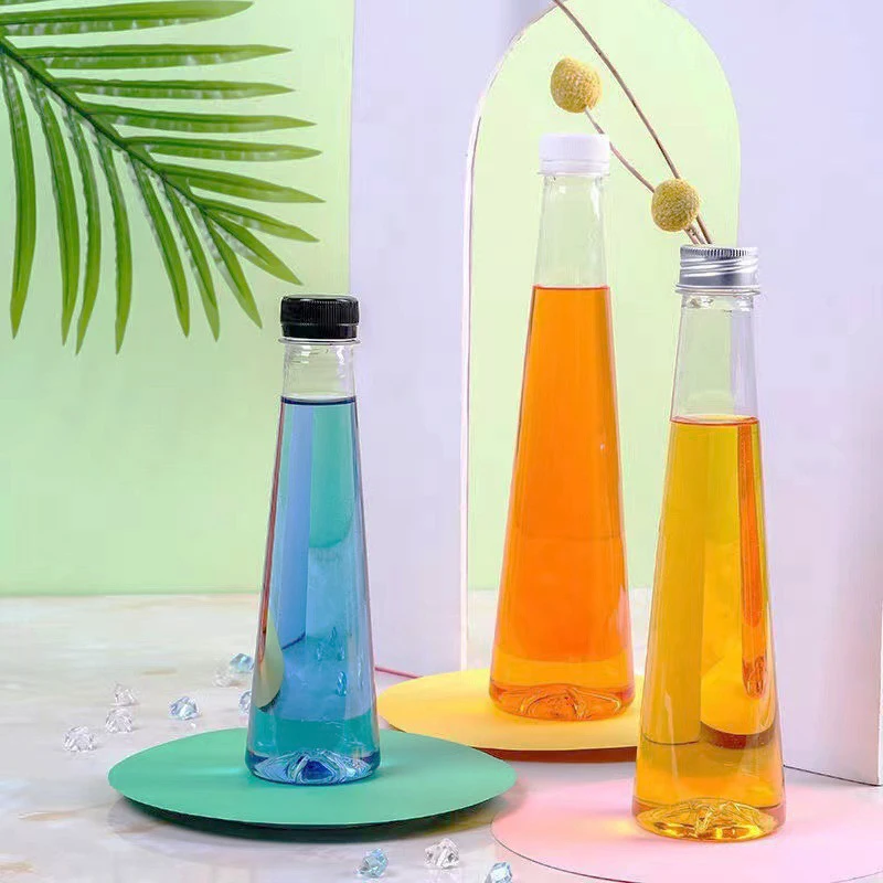 200ml 250ml 300ml 350ml 450ml Cone Shape PET Plastic Juice Bottle For Milk Tea liquor wine Beverage Packing