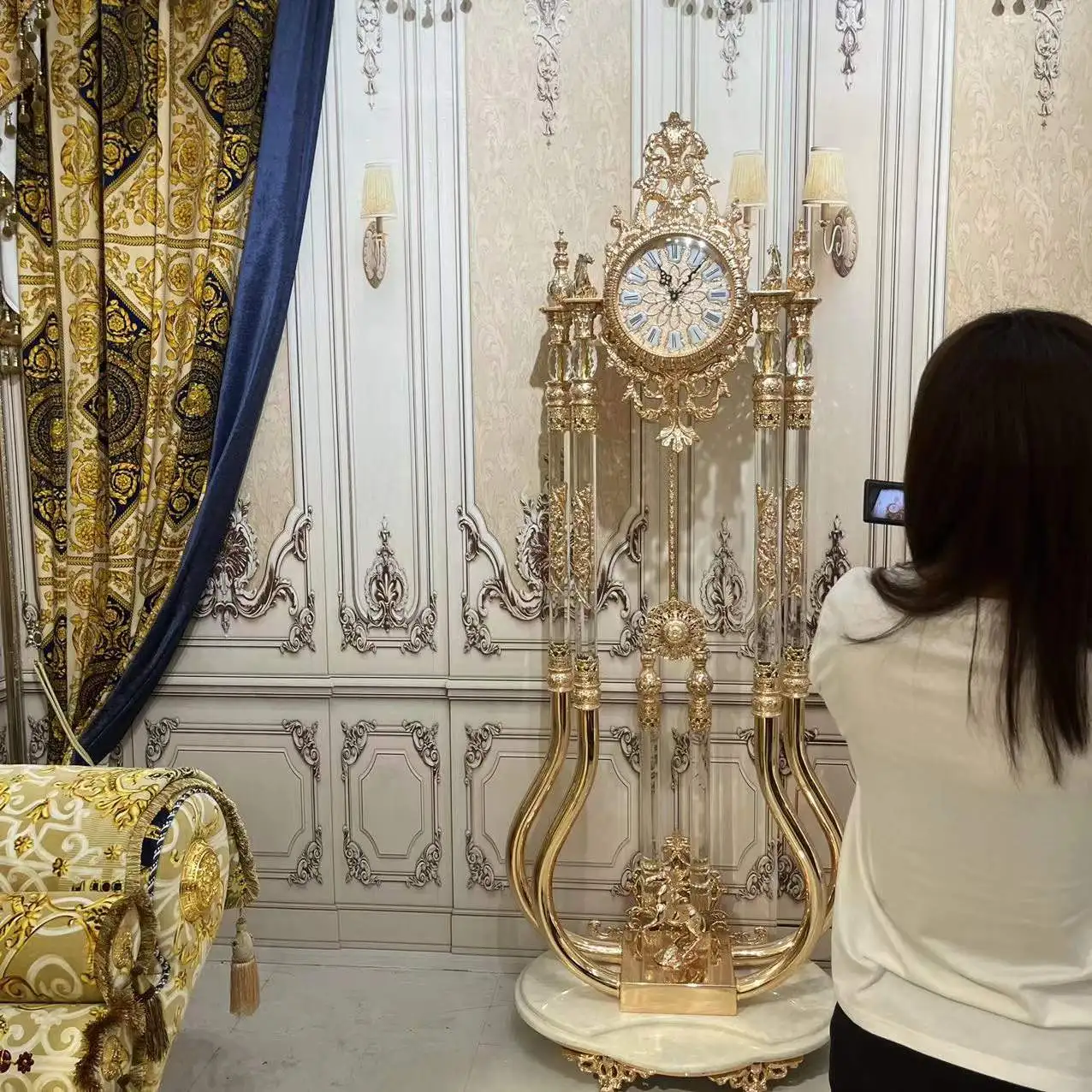 European Deluxe Crystal Clock Rose Golden Antique Standing Clock Brass Royal Grandfather Clock