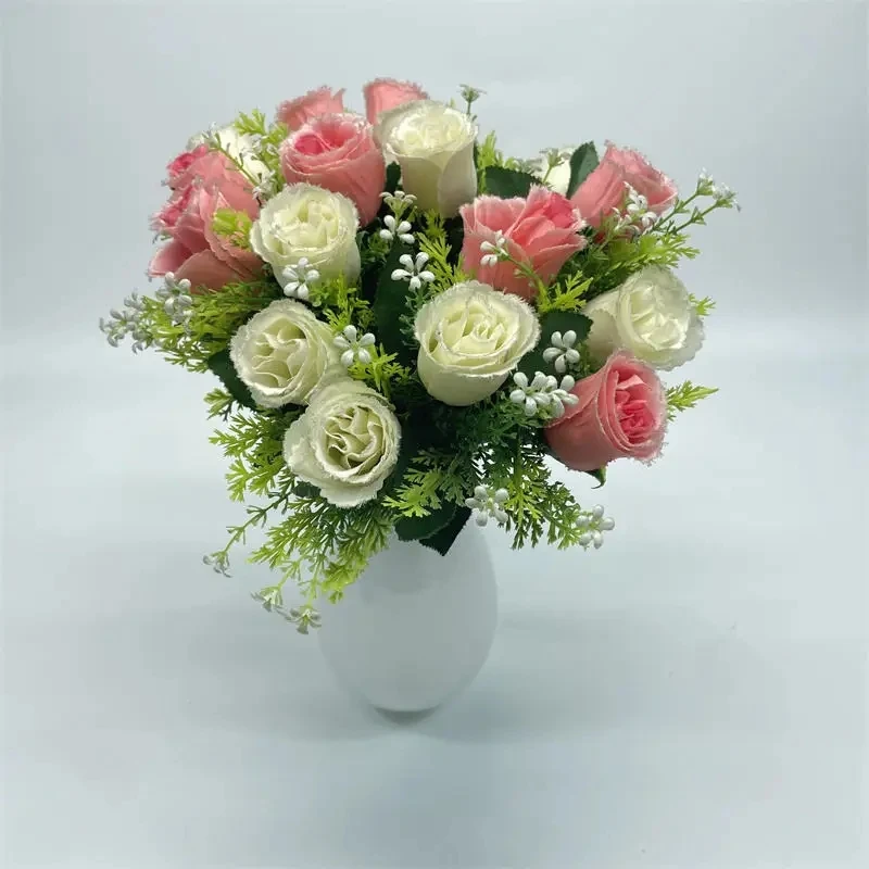 BS0124 French Romantic Style 18 Head Pink White Home Table Wedding Decoration Silk Rose Flower Bunch Artificial Flowers Bouquet