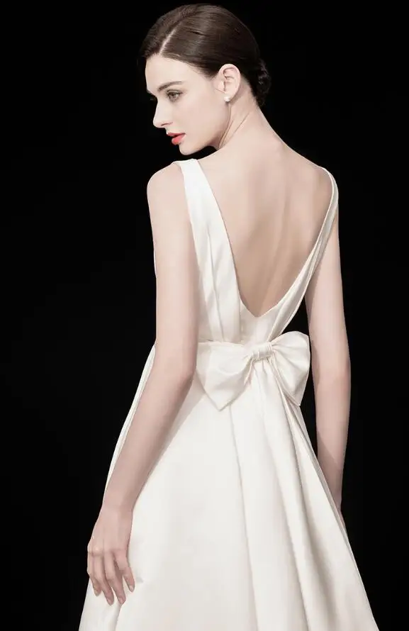 #10018 Satin High-Low Deep V-Neck Open Back Sleeveless Bowtie Wedding Gowns Birde Dress Vestido de novia Wedding Dress
