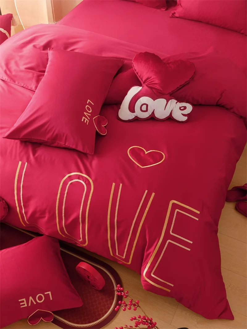 Romantic Red Wedding 60 Count Long Staple Cotton 4-Piece Set Love Heart Embroidery Cotton Duvet Cover Bed Sheets Bedding Sets