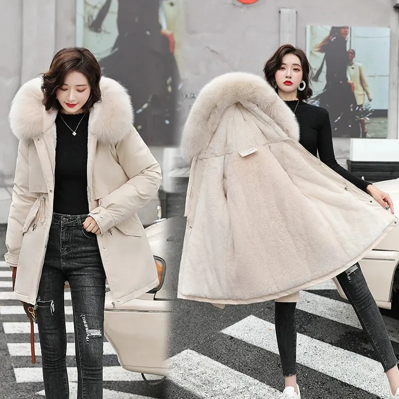 2024 New Winter Jacket Women Parka Fashion Long Coat Wool Liner Hooded Parkas Slim With Fur Collar Warm Snow Wear Padded Clothes