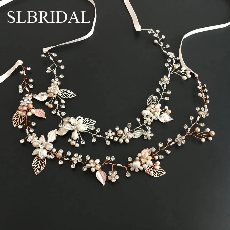 SLBRIDAL Handmade Wired Crystal Rhinestones Freshwater Pearls Wedding Hair Vine Bridal Headband Bridesmaids Women Jewelry