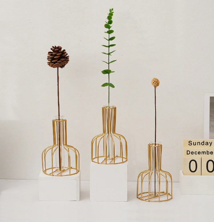 Home Metal Plant Holder Nordic Styles Tabletop Decor Retro Iron Line Table Glass Flower Arranger Vases Creative Decoration