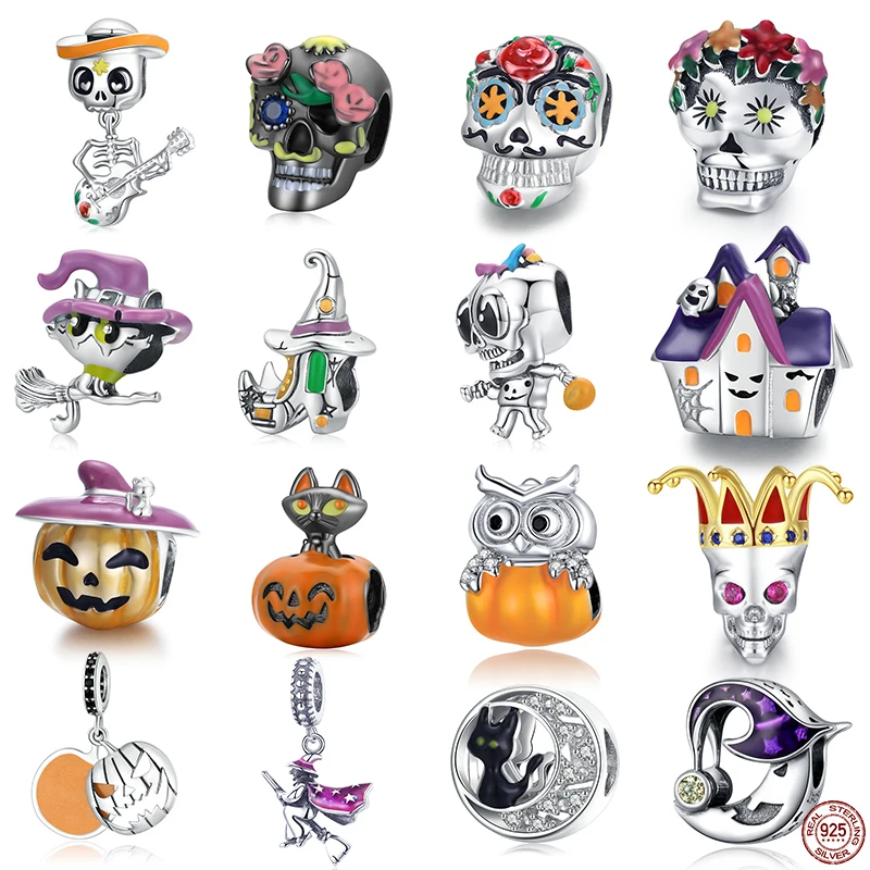 Fit Bracelet Charms For Jewelry Making Enamel Witch Pendant Cool Skull Beads Halloween Skeleton 925 Sterling Silver Charm