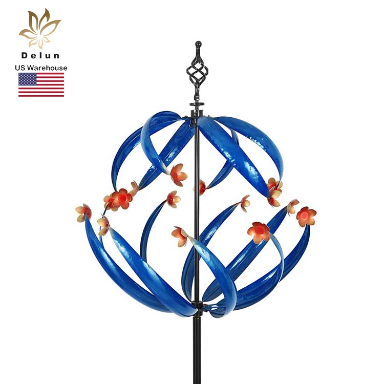 CAD Design Large Metal Blue Kinetic 3D Wind Spinner Sculpture with Lawn Stake