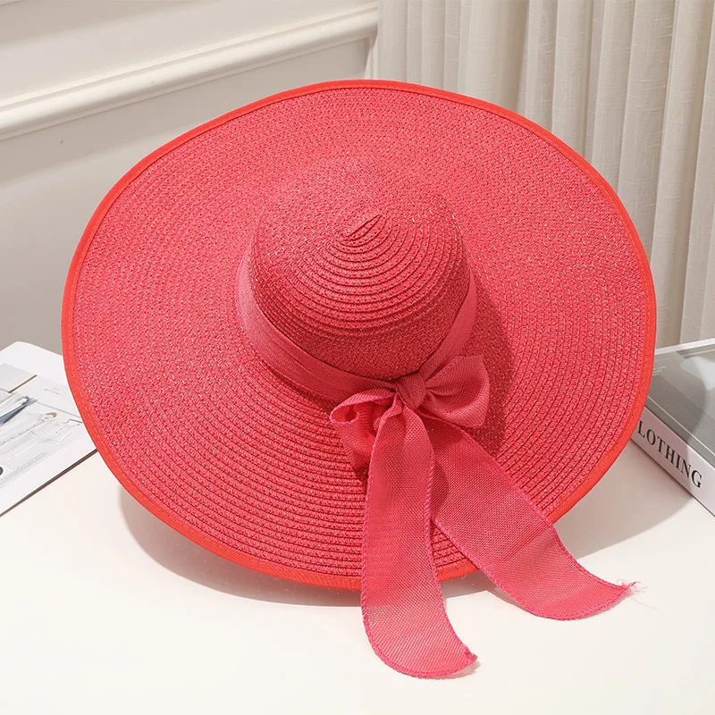 Wholesale Women Summer Hat Wide Brim Roll Sun Hat Sombrero Foldable Ribbon Bow Paper Straw Floppy Beach Hat for Lady  Sun Shade