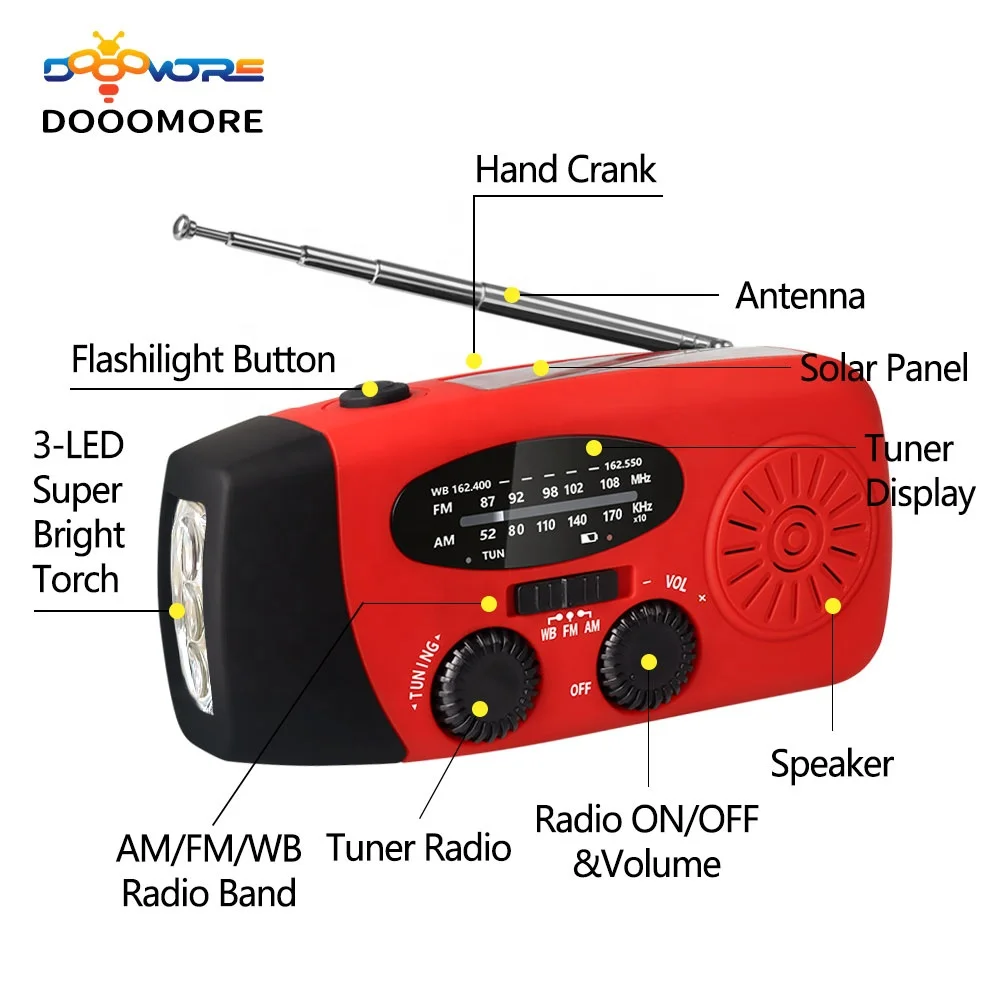 Dooomore emergency solar hand crank portable radio mini pocket usb am fm hand crank flashlight portable radio