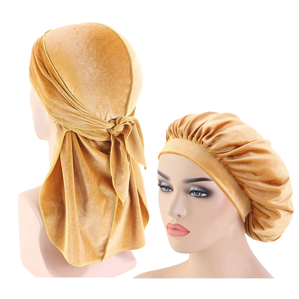 High quality Vendor wholesale Velvet Durag and Bonnet Set Beanie Velvet Sleep Bonnets Couple Sets head wrap for men women