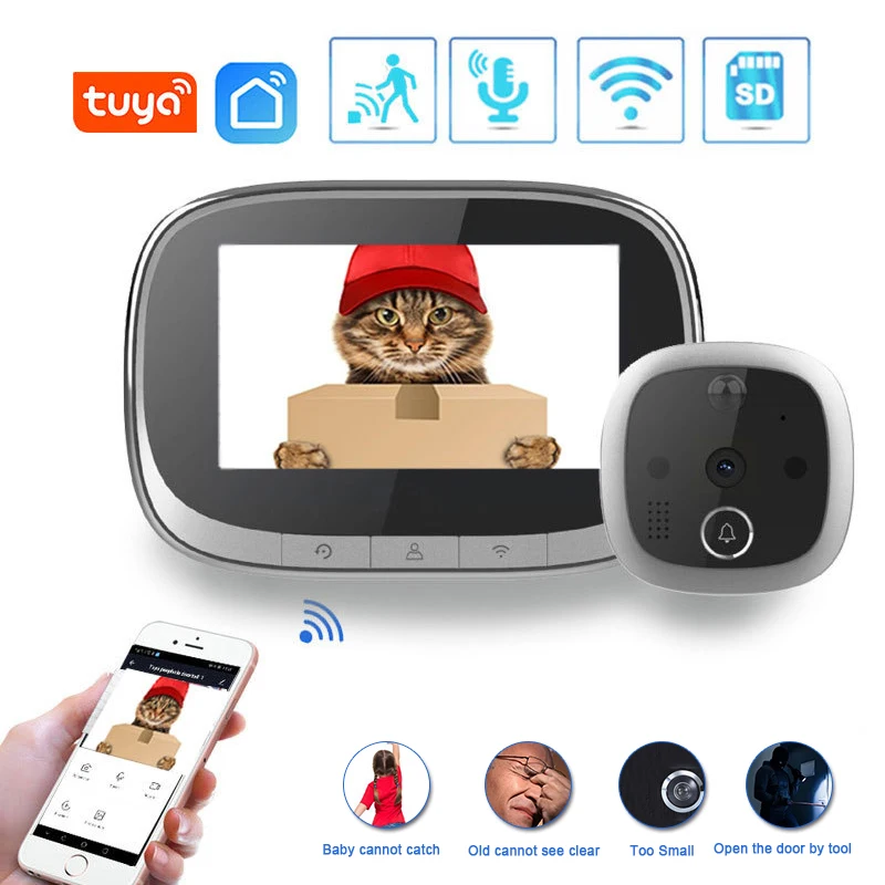 Tuya Smart 130 Degree Wide Angle WiFi Remote Access Two Way Audio Viewer Monitoring Peephole Camera Video Doorbell