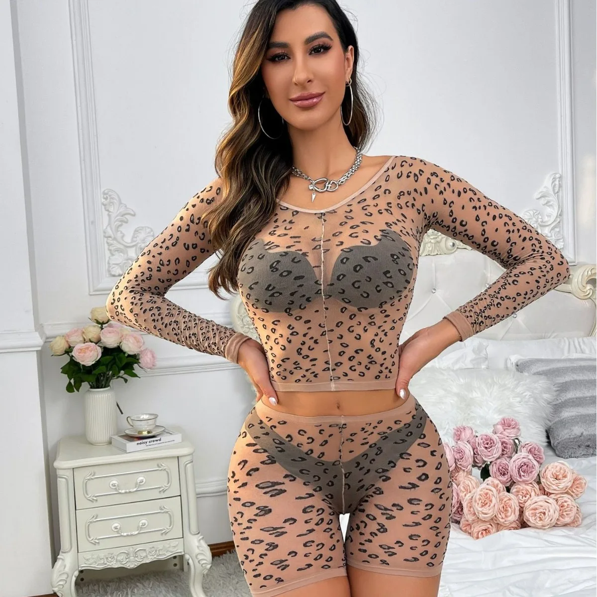 2024 NEW leopard pattern top shorts 2 piece set nude body stocking silk dress lingerie