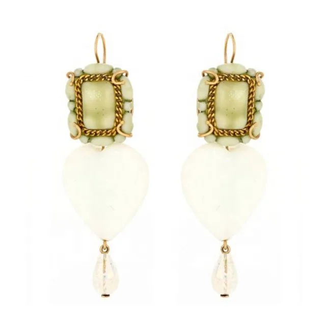 High Quality  Fashion Gold Earrings With White Agate And Roccas Crystal And Vintage Button Italian Design