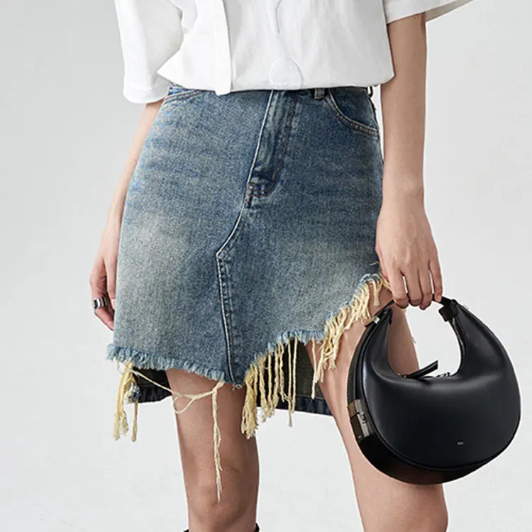 2024 New Label Washed Raw Edge Denim Skirt Custom High waist Jean A-line Skirt Denim Pencil Hole Skirts