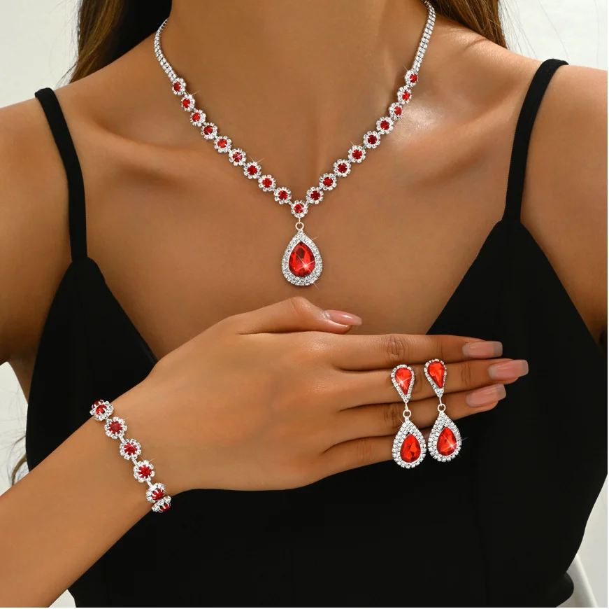 Sparkling Rhinestone Full Crystal Flower Water Drop Bridal Jewelry Set Necklace Bracelet Earrings Wedding Dress Accessory Gift