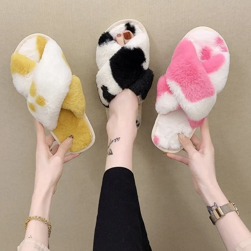 woman ladies faux fur fluffy cow print crossed plush home open toe  indoor slipper