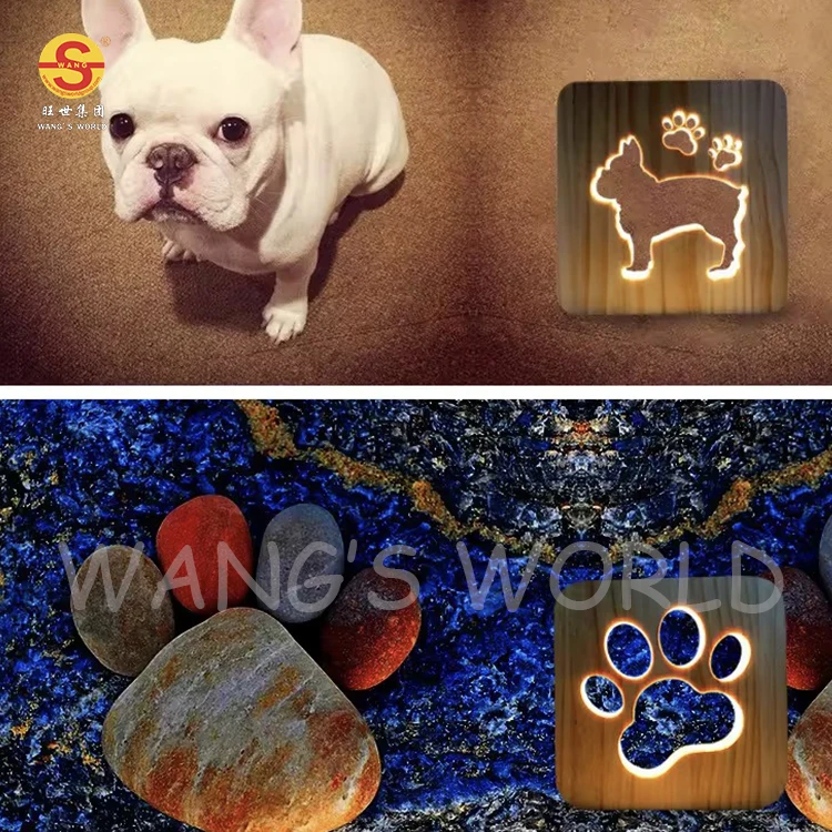 Kids Baby Holiday Gift Novelty Dog Design Wooden Carved Lamp 3D Creative LED USB Power Night Light