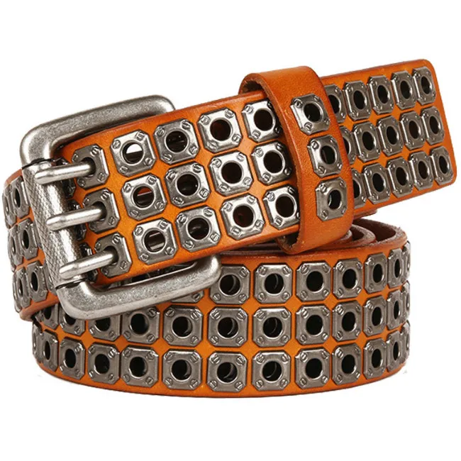 Vintage Accessories Hollow Out Leather Belt With Three Pin Buckle