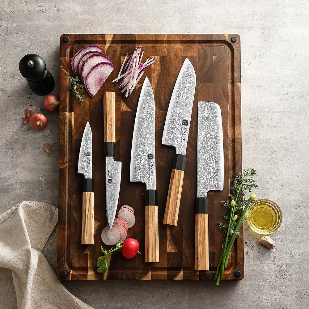 Damascus Steel Kitchen Knife Set Japanese Octagonal Olive Wood Handle Custom Chef Knives