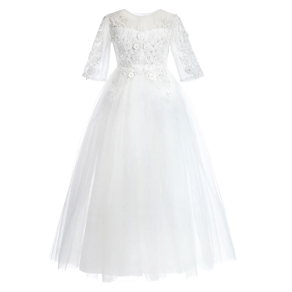 White Flower Girls Dresses With Ribbon Tulle Girls Party Dresses For Wedding