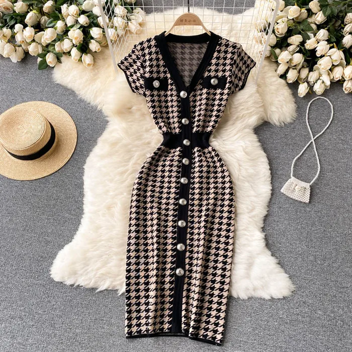 2022 Korean Fashion Classic Houndstooth Pattern Short Sleeve Knitted Dress Women Slim Dresses Clothing 8