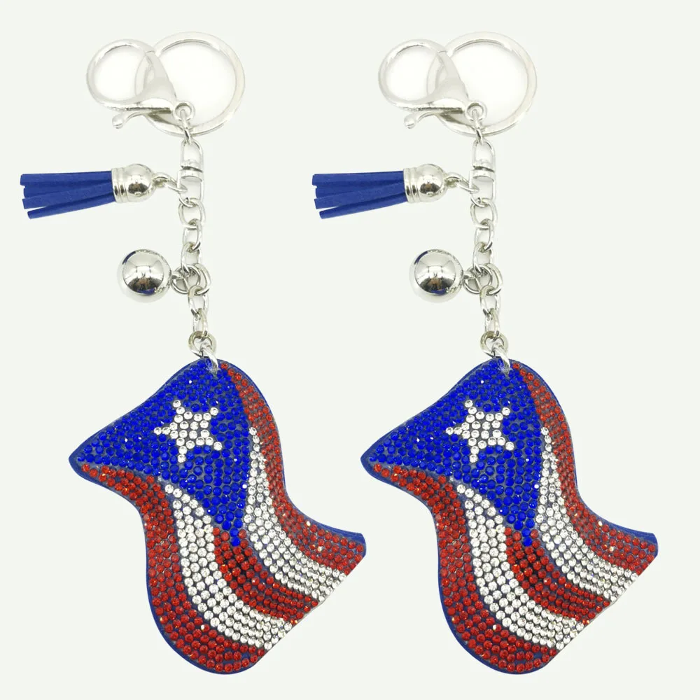Custom Crystal Diamonds American USA Texas Flag Keychain Bling Purse Charm Backpack Key Rhinestone Puffy Keychain and bracelets