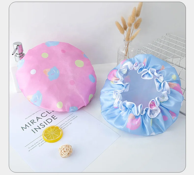 Waterproof Bath Hat Double Layer Shower Hair Cover Women Supplies Shower Cap With Ice cream pattern