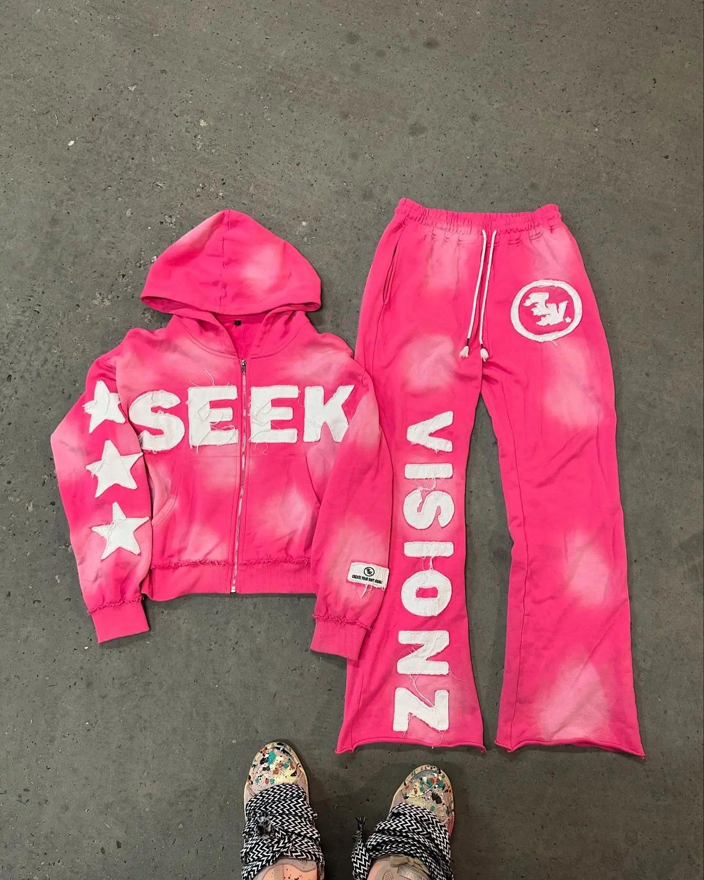 OEM Heavy Weight Zip up Hoodies With Raw Hem Sweatpants Acid Wash Stone Vintage 2 Piece Distresses Tracksuit for Man or Women