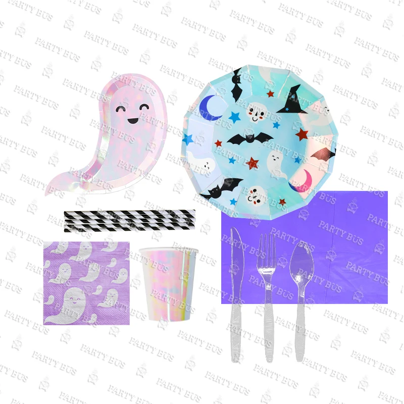 PARTYBUS 2021 Hot Sale Ghost Shaped Paper plates Halloween theme Party Supplies Disposable Tableware Dinnerware Sets Halloween