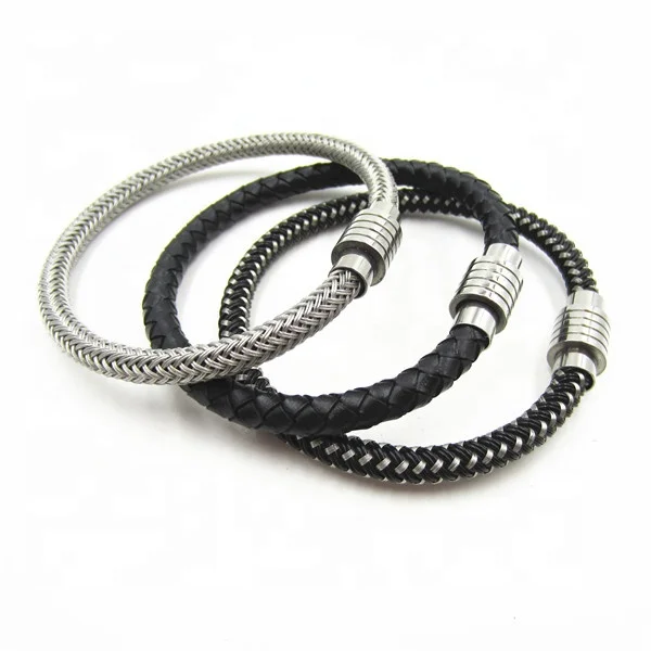 Sini Jewelry High Quality Leather and Stainless Steel Wire Braided wrap bangle Bracelet with magnetic clasp