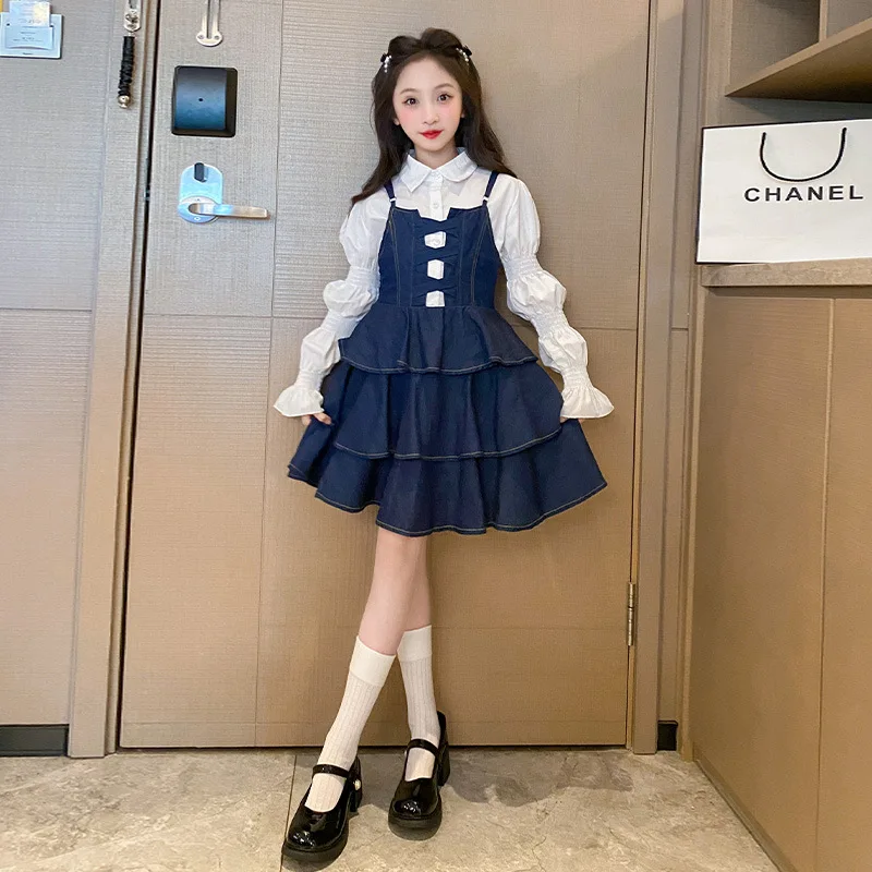 2023 New Fall Teenagers Girls Back to School Outfits Set White Solid Long Sleeved Blouse + Ruffle Denim Jumper Dress 2pcs