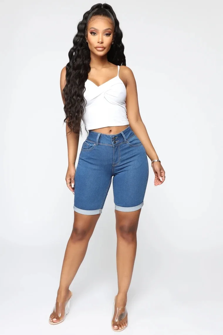 Europe And United States Summer Short Jeans Women Roll Up Cuffs Dark Blue Denim Bermuda Shorts Denim