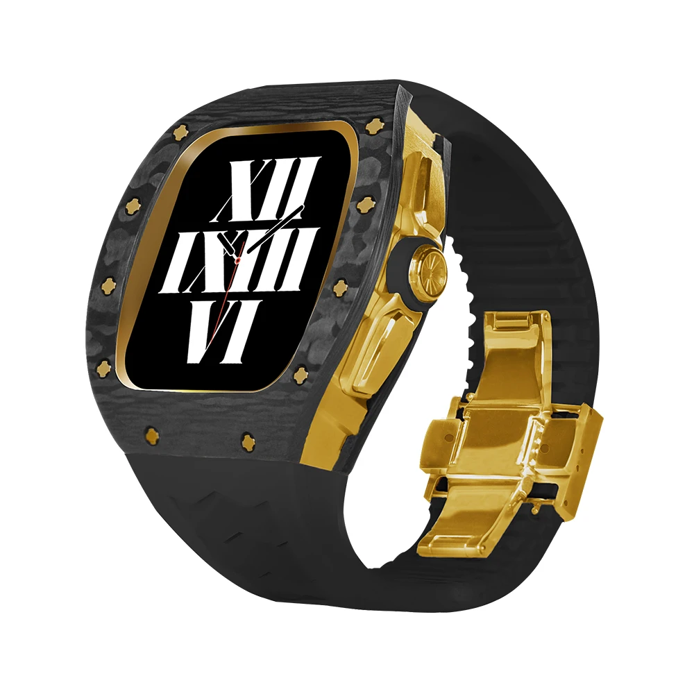 Комплект мод из углеродного волокна для Apple Watch 44 мм 45 Роскошный чехол Фтор сменный ремешок IWatch 9 8 7 6 5 4 SE