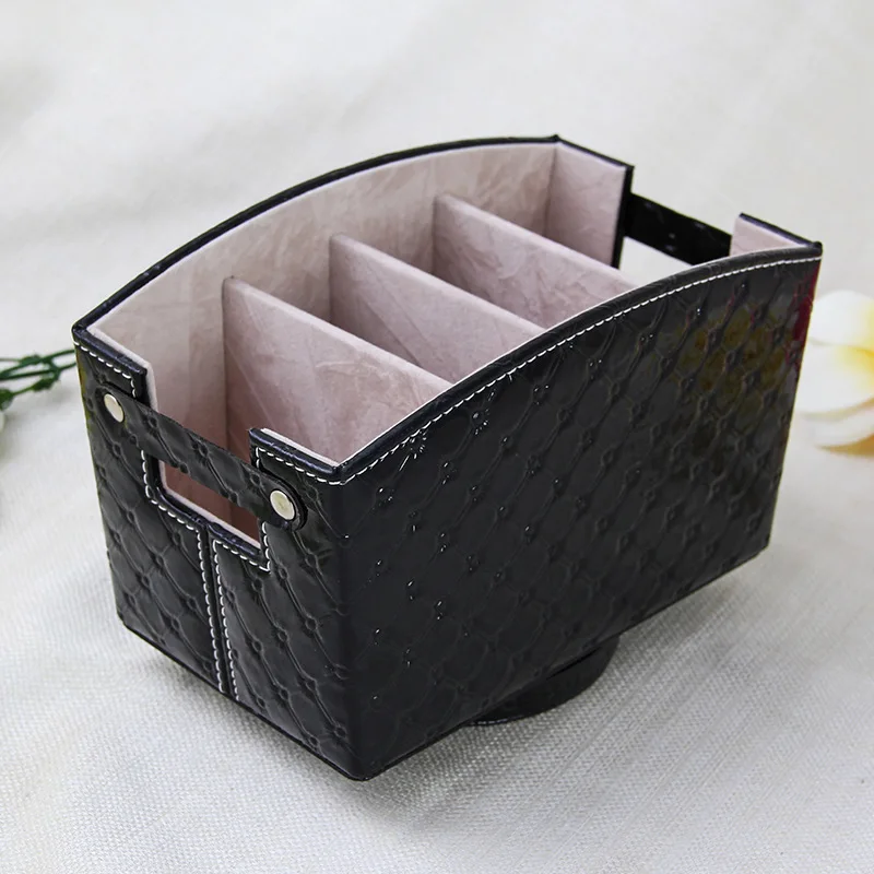 Custom Black PU Leather Desktop Organizer 360 Degrees Rotatable Hotel Home TV Remote Control Holder for Sundries Storage