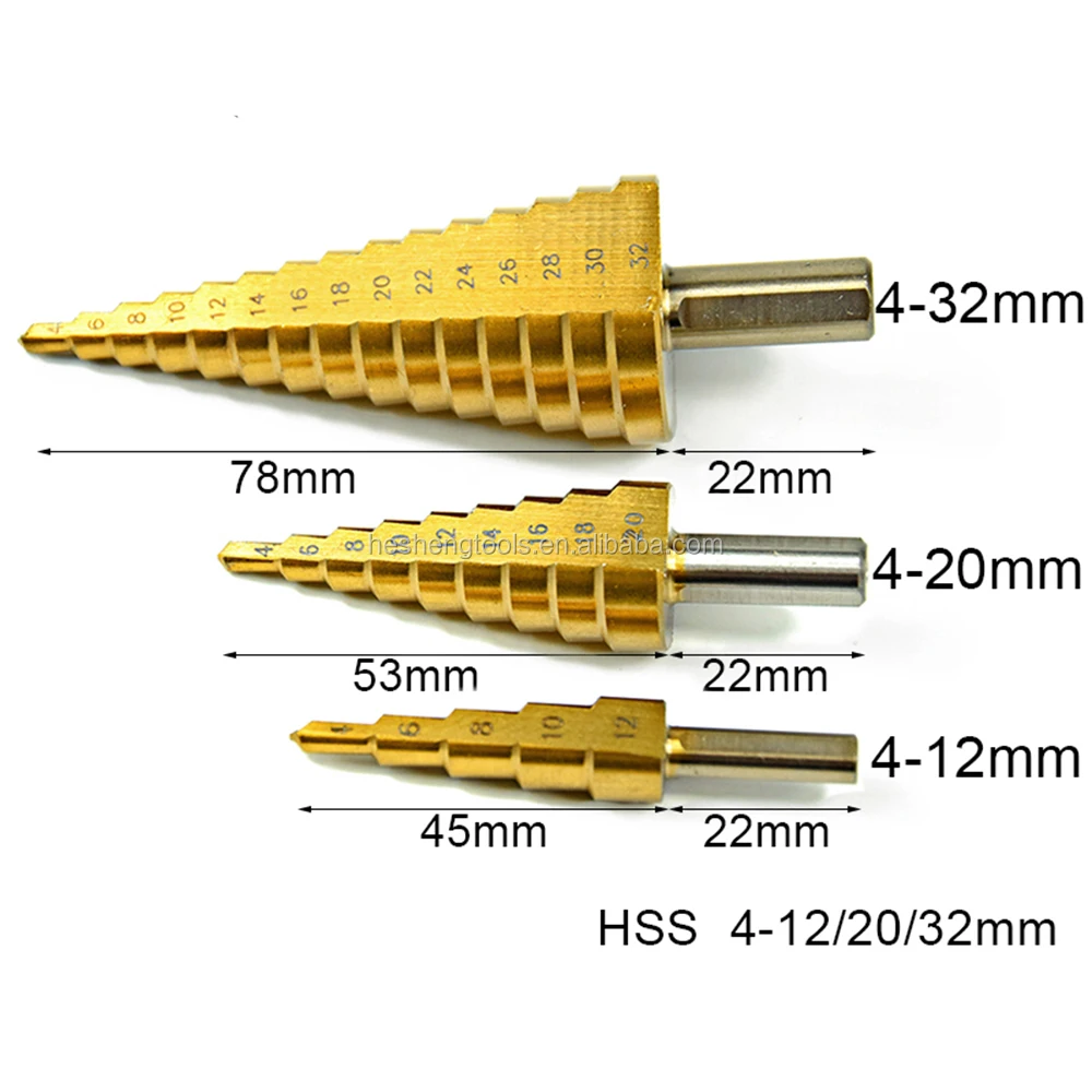 Набор конусных ступенчатых сверл, комплект из 3 насадок из быстрорежущей стали с метрическим титановым треугольным хвостовиком в форме пагоды, 4-12/20/32 мм