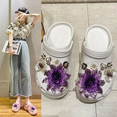 
2021 Chains High Heel Flat Shoe Flower Charm Diamond Accessories Decorations PVC Sandals Croc Shoes 