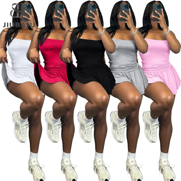 Soild Cotton Women 2 Pieces Set 2024 Summer New Trend Camisole Crop Top High Waist Mini Pleated Skirts Casual Sport Tracksuit