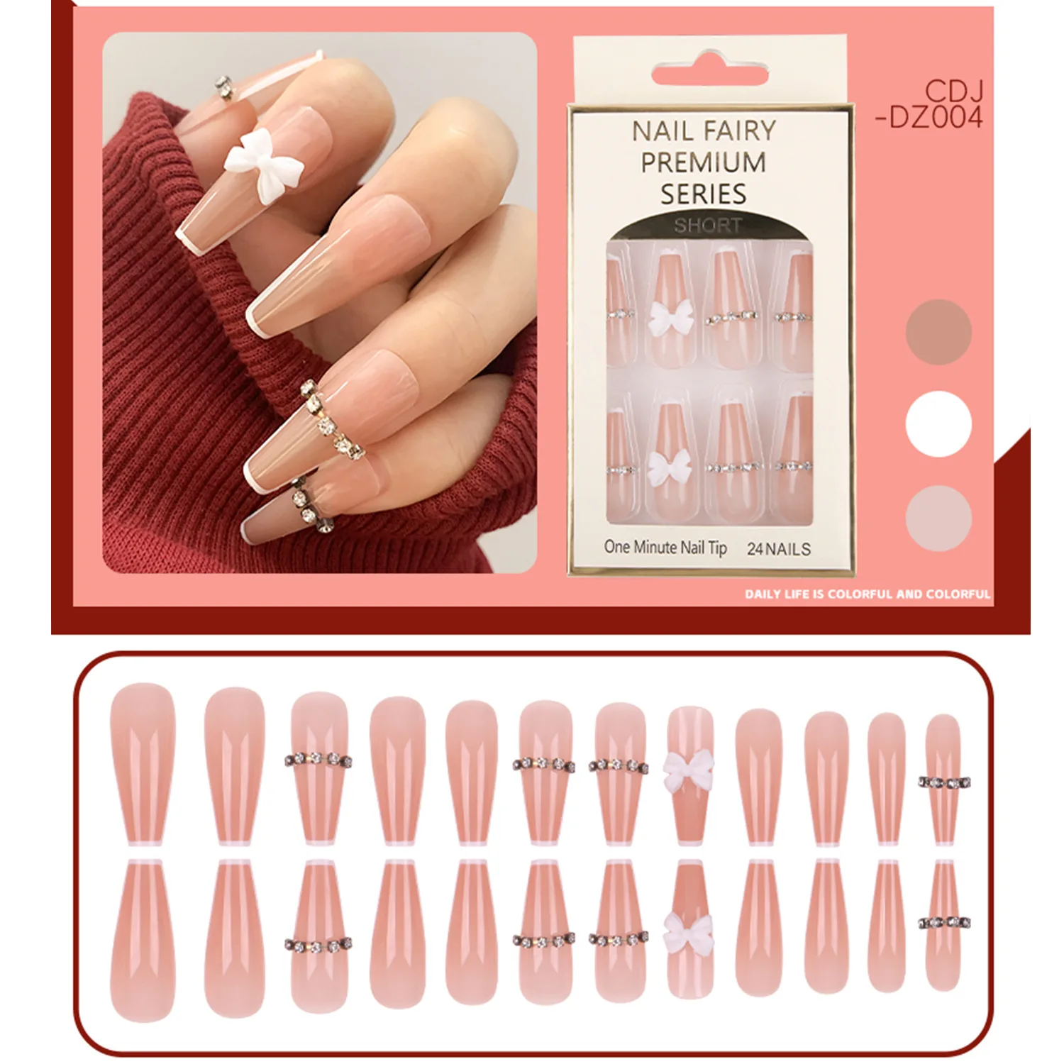 Wholesale Custom Press On Nails Ballerina Medium Coffin Heart Pearl French Tip Nails Manicure Acrylic Stick On Nails