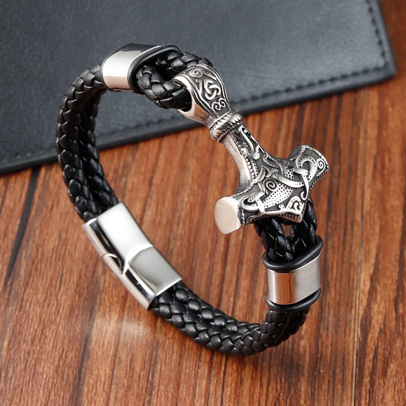 Retro Stainless Steel Cross T Magnetic Clasp Bracelet For Men Handmade Braided Double Layer Leather Bracelet Jewelry