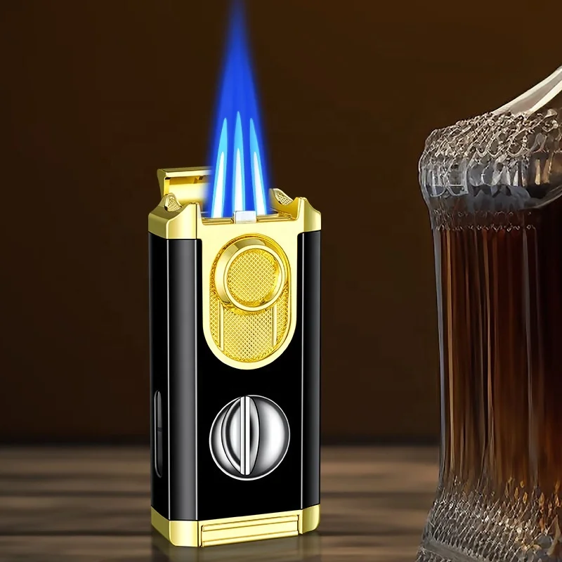 Multi-functional Creative Metal Refillable Windproof 2 Flames Jet Flame Torch Cigar Lighter with Cigar V-Cutter Cigar Punch